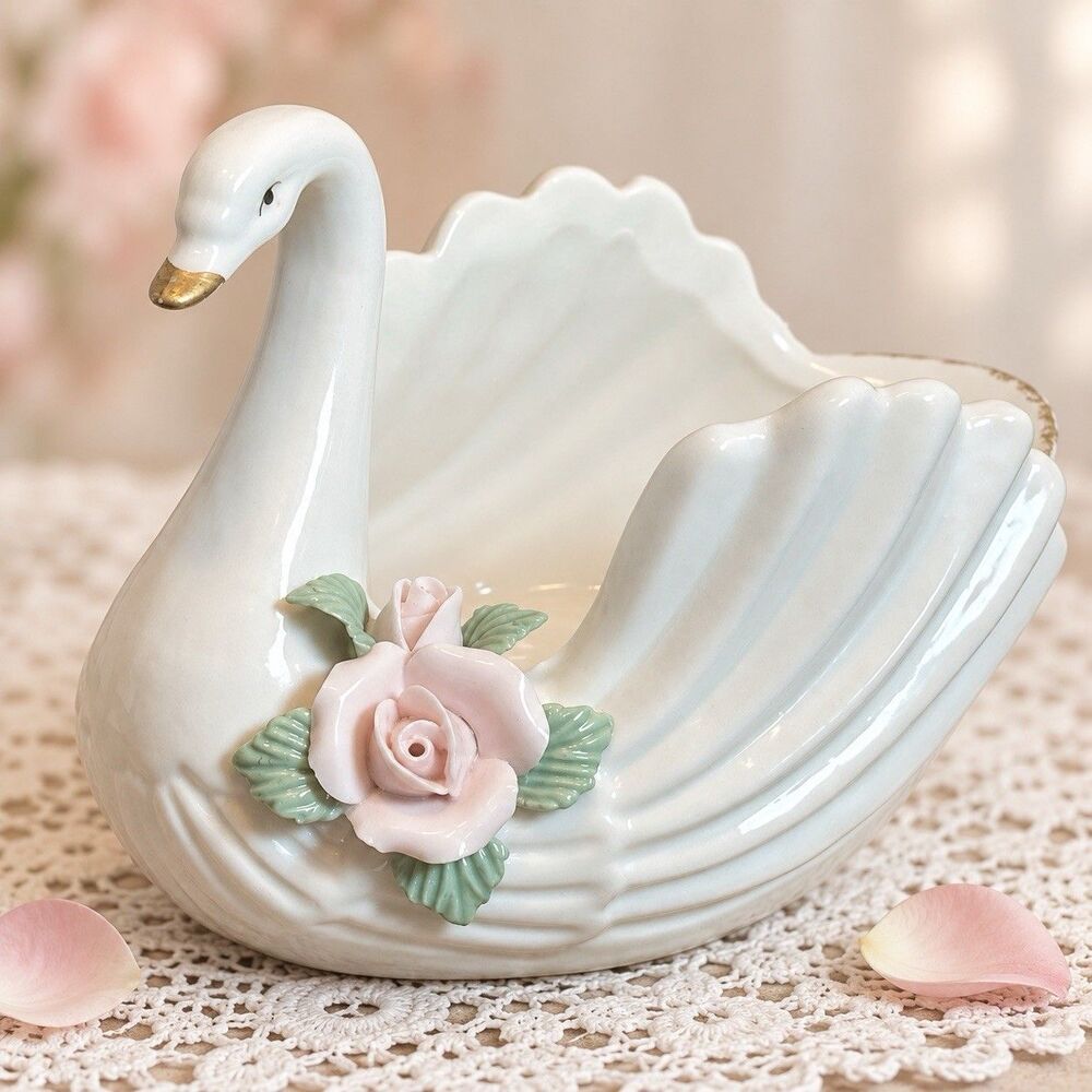 Vintage Porcelain Swan Planter Vase Pink Roses Gold Trim Figurine Tabletop Decor